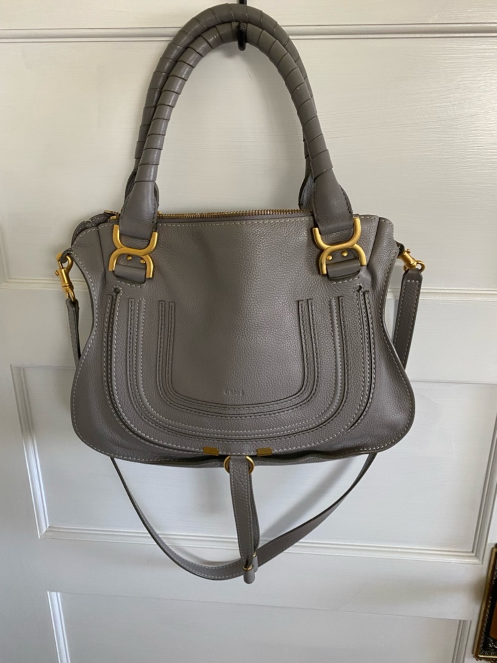 Chloé Marcie Medium Leather Shoulder Bag —  Gray with Gold Hardware